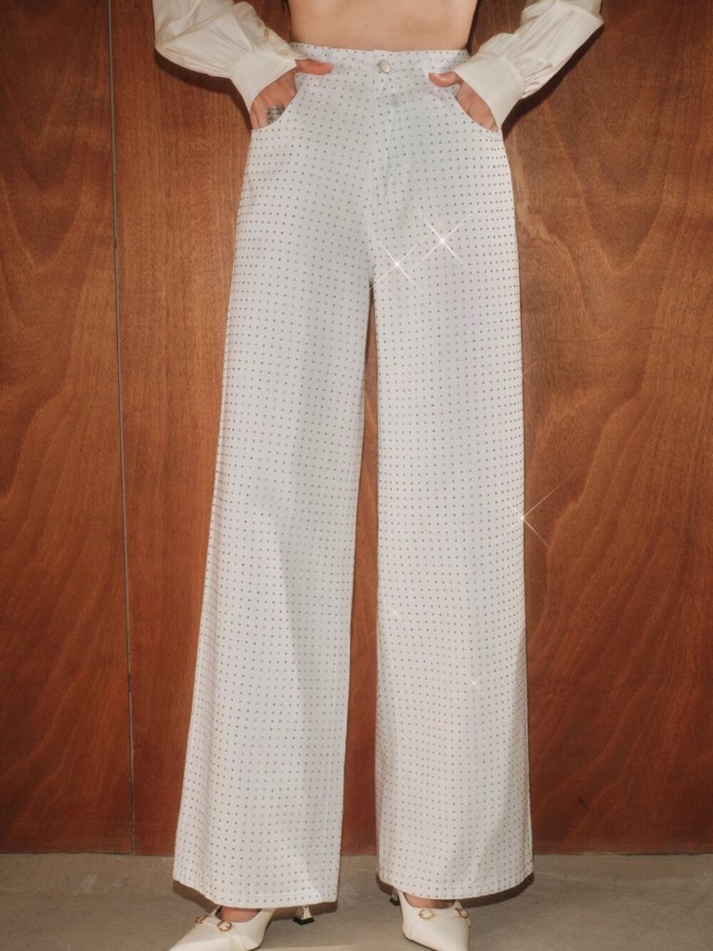 White Cozy Women's Sparkling Rhinestone Straight Leg Pants
